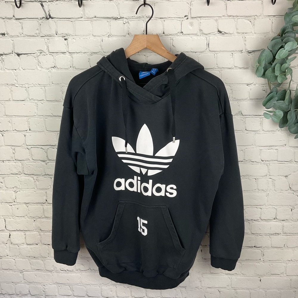 Adidas Originals Trefoil Logo Black Hooded Sweatshirt Size Medium - Picture 2 of 7